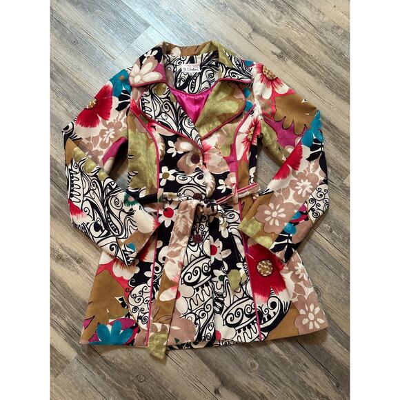3 Sisters Trench Coat Floral Velvet Colorful Rhinestone Buttons Belted Small - Picture 1 of 9
